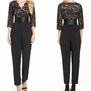 NWT Eliza J‎ Little Black Satin Lace Jumpsuit V-Neck Special Event Wedding Work